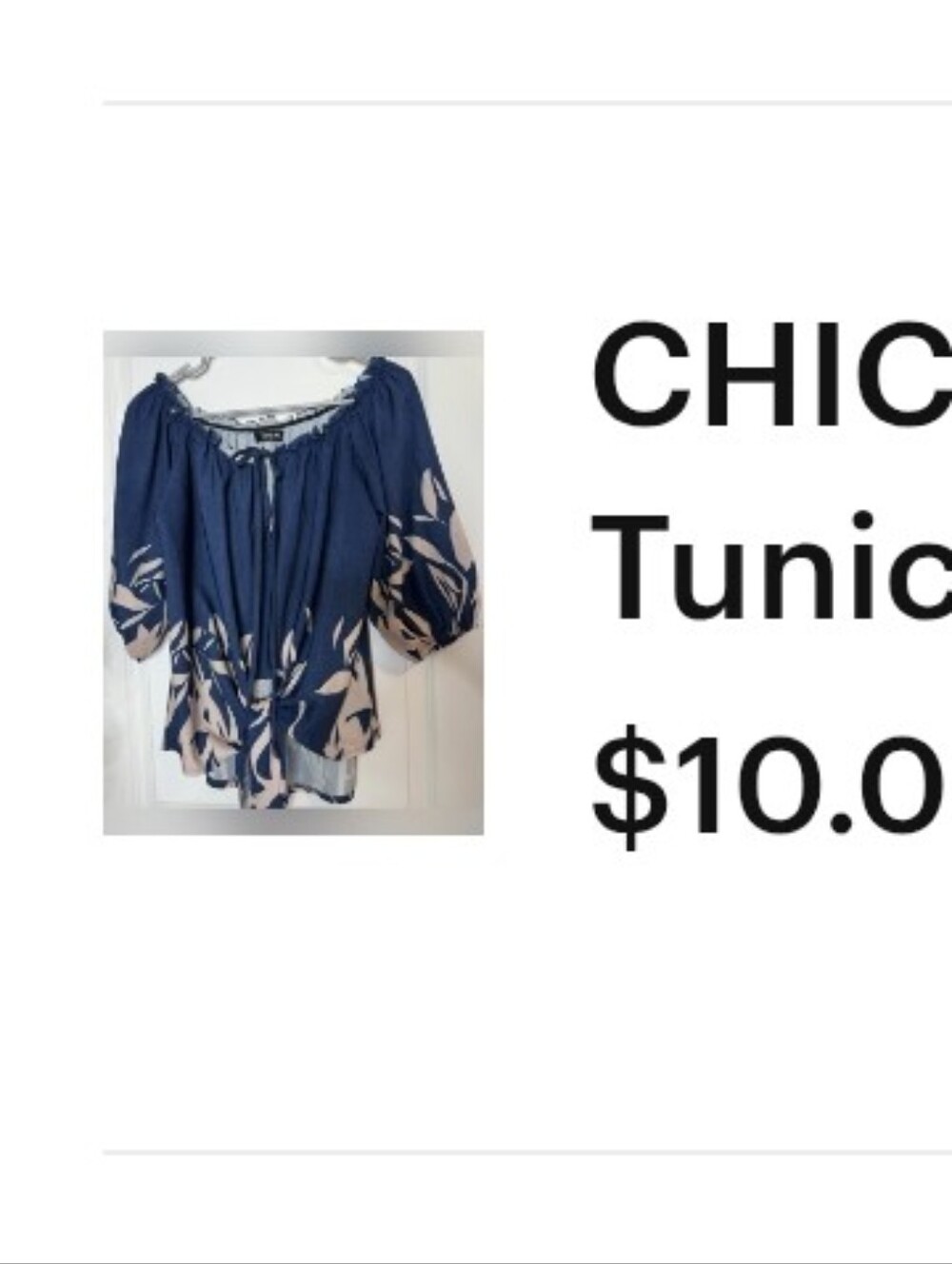 CHICME Navy Blue Peasant Tunic with Beige Leaf Print boho flowy boho LG cotton